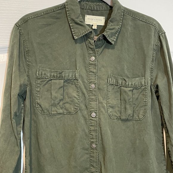 Articles of Society Womens Khaki 100% Tencel Shirt Size S like new - Picture 2 of 7